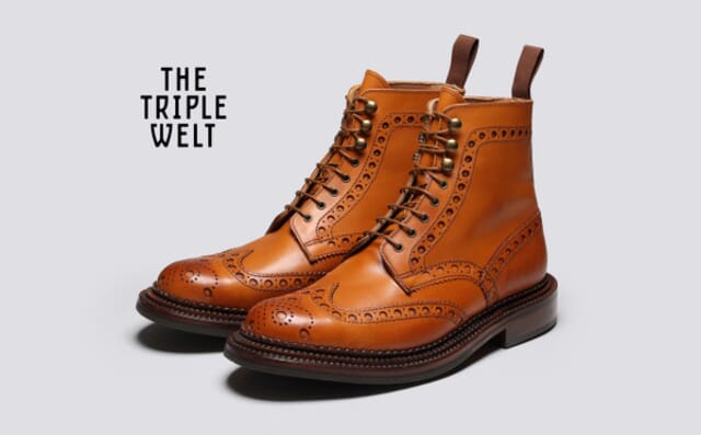 grenson Fred | Mens Triple Welt Brogue Boots in Tan Leather