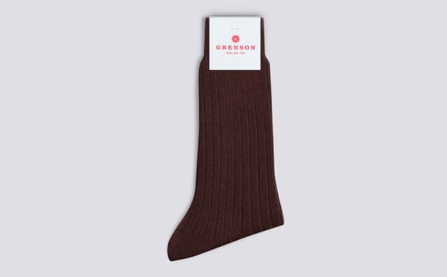grenson Mens Medium Ribbed Sock | Brown Cotton