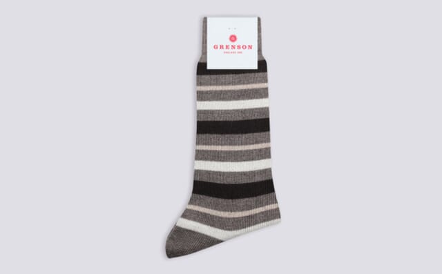 grenson Mens Stripe Sock | Brown and Beige Wool
