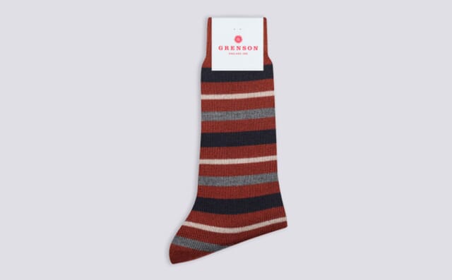 grenson Mens Stripe Sock | Tan and Navy Wool