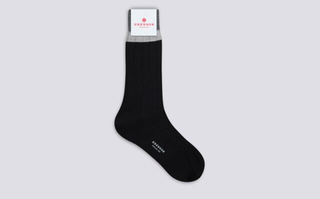 Grenson Mens Top Stripe Sock | Grey And Black Cotton