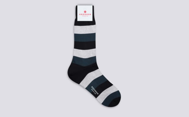 Grenson Mens Wide Stripe Sock | Navy Cotton Blend
