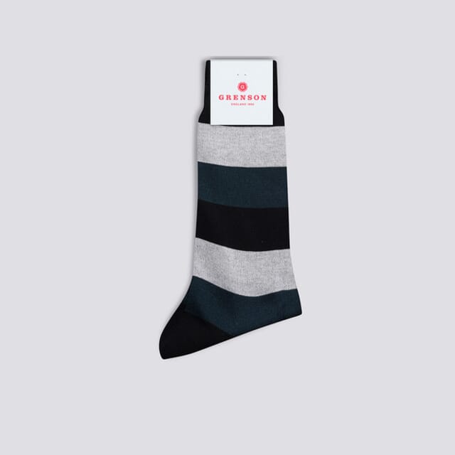 Grenson Mens Wide Stripe Sock | Navy Cotton Blend