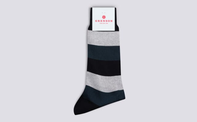grenson Mens Wide Stripe Sock | Navy Cotton Blend