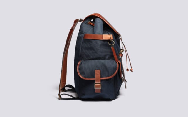Grenson Large Backpack In Navy Canvas And Tan Leather