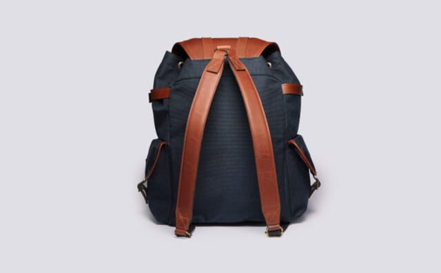 Grenson Large Backpack In Navy Canvas And Tan Leather
