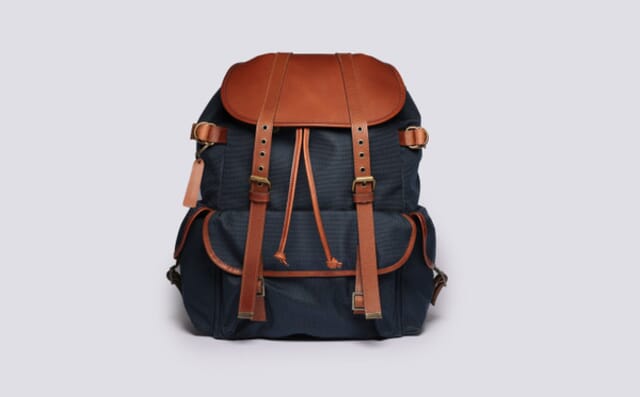 grenson Large Backpack in Navy Canvas and Tan Leather