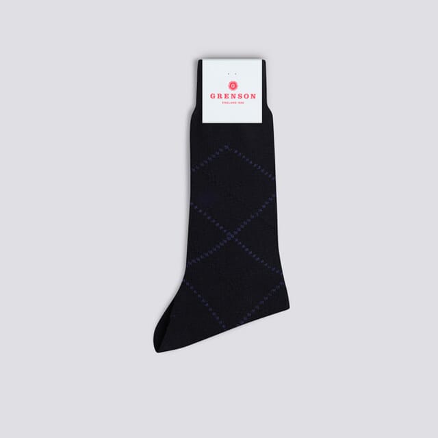 Grenson Mens Overcheck Argyle Sock | Navy Blue Cotton