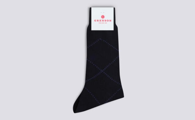 grenson Mens Overcheck Argyle Sock | Navy Blue Cotton