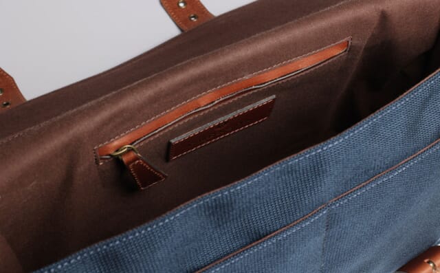 Grenson Messenger Bag In Navy Canvas And Tan Leather