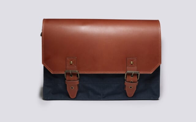 Grenson Messenger Bag In Navy Canvas And Tan Leather