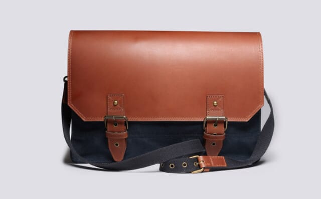 grenson Messenger Bag in Navy Canvas and Tan Leather