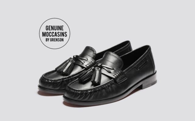 grenson Omar | Mens Tassel Moccasin Loafers in Black Leather