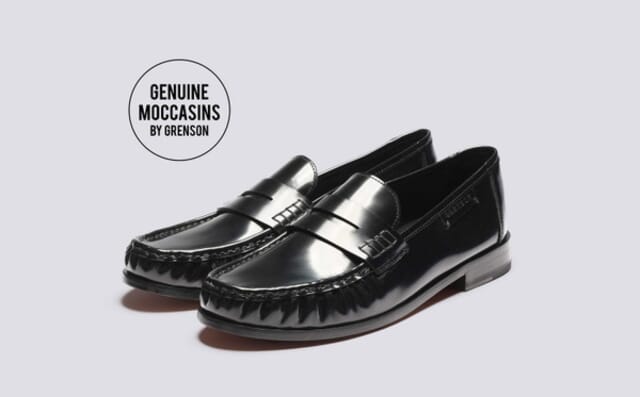 grenson Simeon | Mens Moccasin Loafers in Black Hi Shine Leather