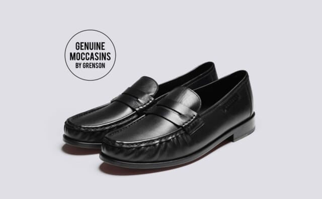 grenson Simeon | Mens Moccasin Loafers in Black Leather