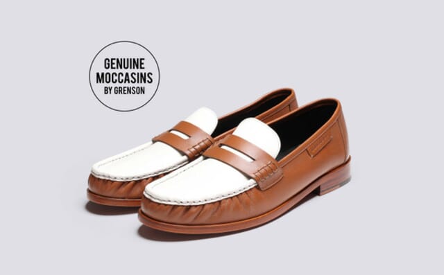 grenson Simeon | Mens Moccasin Loafers in Tan and White
