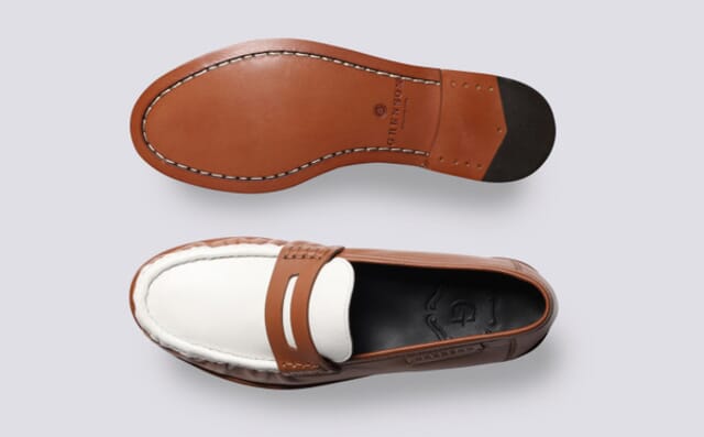 Grenson Susanna | Womens Moccasin Loafers In Tan And White