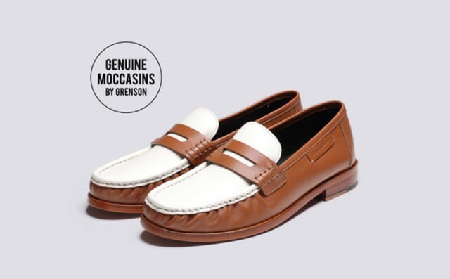 grenson Susanna | Womens Moccasin Loafers in Tan and White