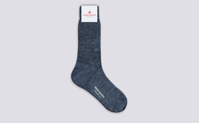 Grenson Womens Ribbed Linen Sock | Blue And Black Linen