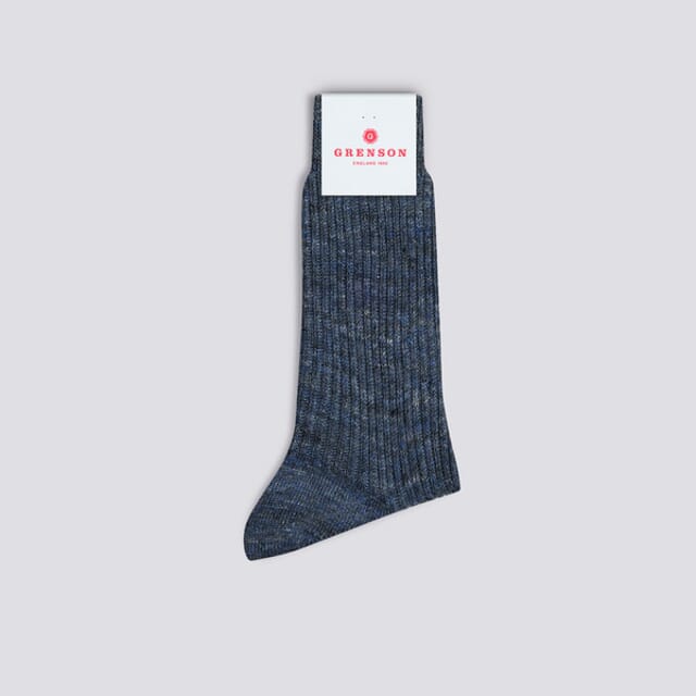 Grenson Womens Ribbed Linen Sock | Blue And Black Linen