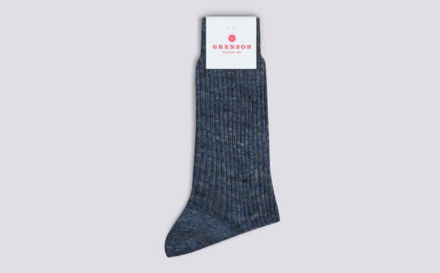 grenson Womens Ribbed Linen Sock | Blue and Black Linen