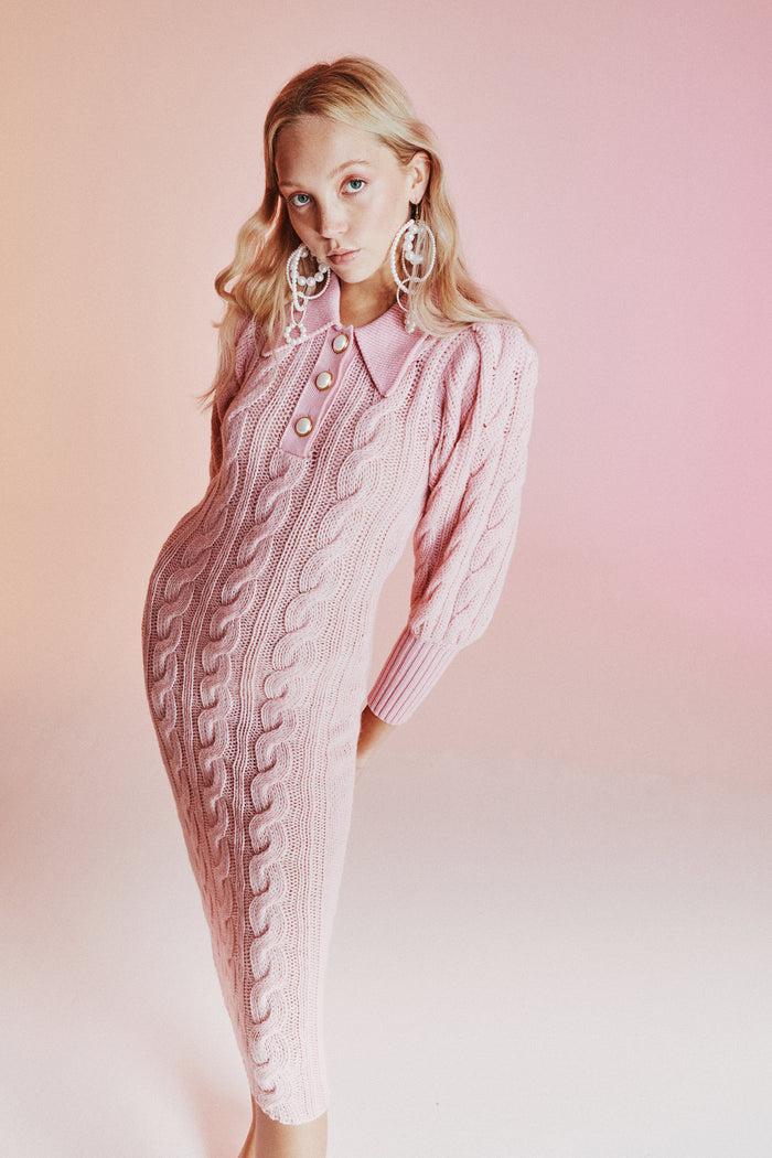 Greta Boldini SFOGLIA PINK WOOL MIDI DRESS