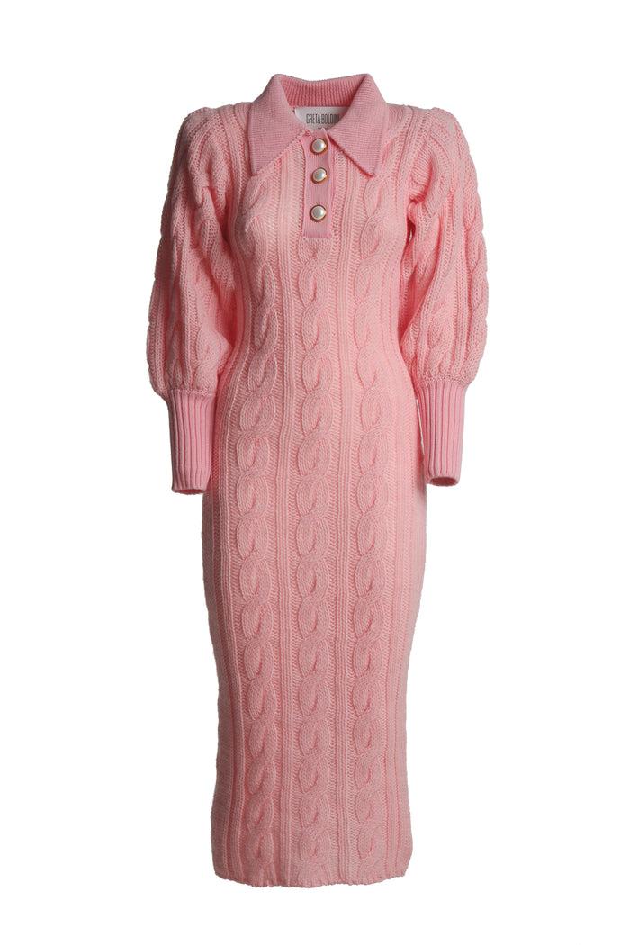 greta boldini SFOGLIA PINK WOOL MIDI DRESS