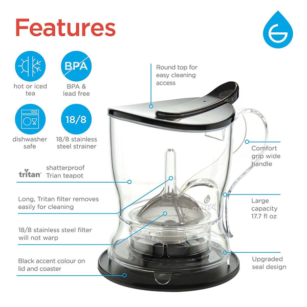 Grosche ABERDEEN Easy Pour Tea Steeper Tea Maker Bottom Dispensing Teapot - 17.7 Fl. Oz / 525mL Capacity Black