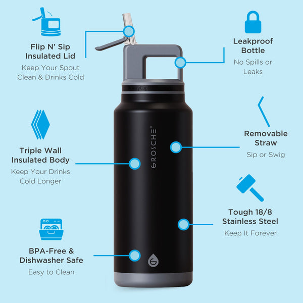 Grosche ALPINE Flip 'N Sip Large Insulated Water Bottle With Straw 40oz