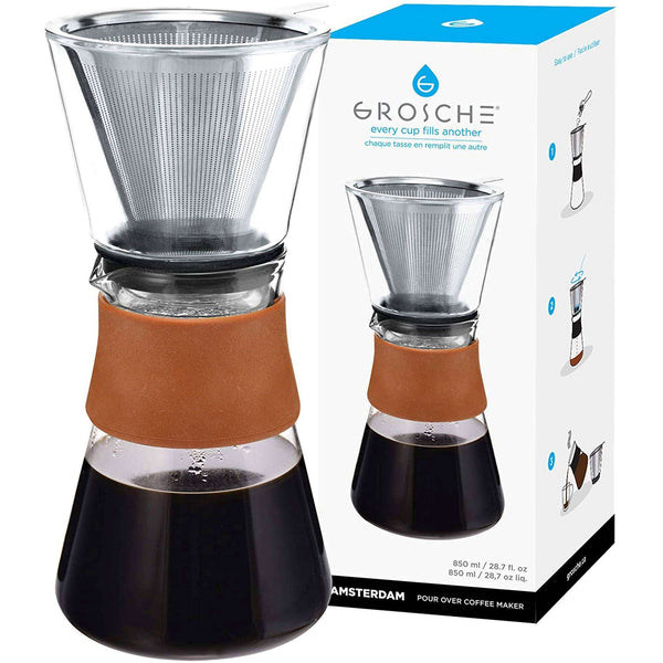 grosche AMSTERDAM Glass Pour Over Coffee Maker Coffee Carafe Reusable Coffee Filter - 28.7 fl oz / 850mL