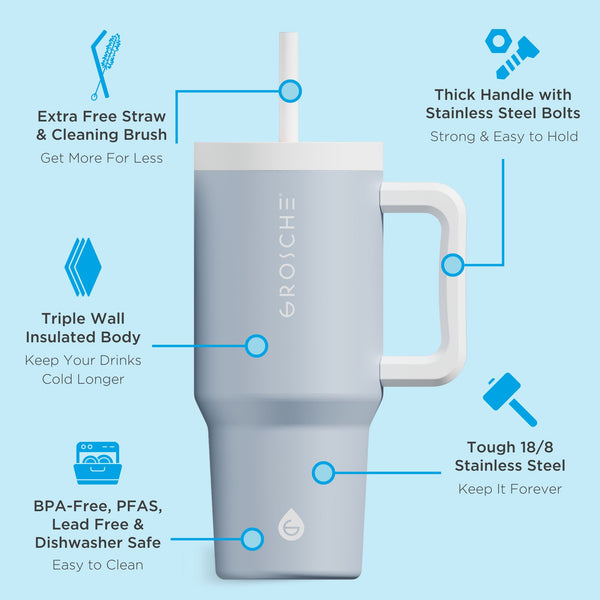 Grosche ASPEN Insulated Tumbler With Handle And Straw 32oz