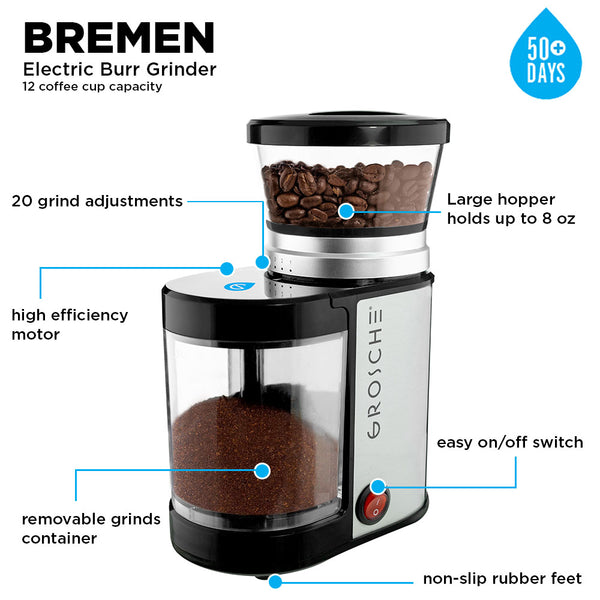 Grosche BREMEN BURR Electric Burr Coffee Grinder 20 Grind Settings Compact Coffee Grinder