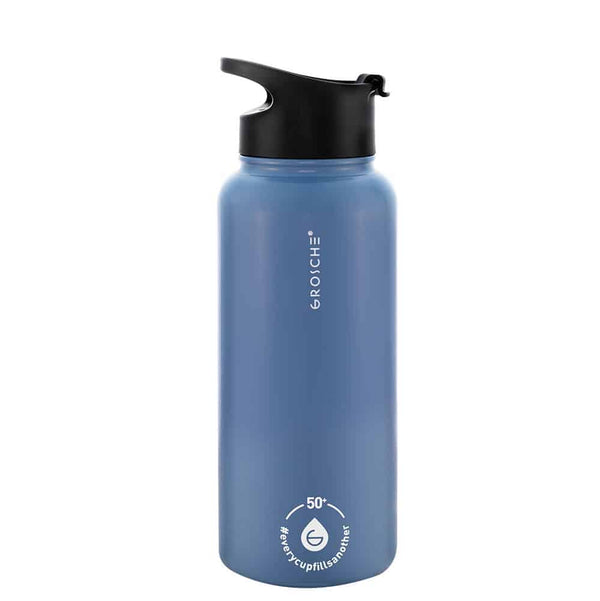 grosche CHICAGO STEEL Insulated Water Bottle Travel Flask Tea Bottle with Snap Lid 32oz
