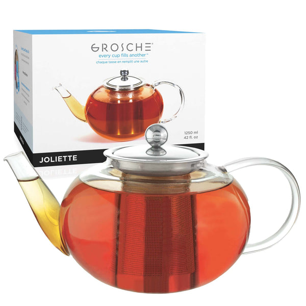 grosche JOLIETTE Glass Teapot with Stainless Steel Tea Strainer - 42oz / 1250mL Clear