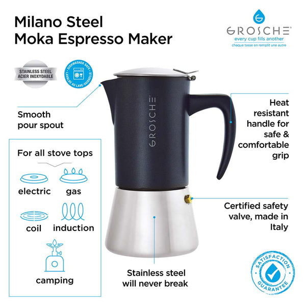 Grosche MILANO STEEL Stovetop Espresso Maker Moka Pot - 10 Cup