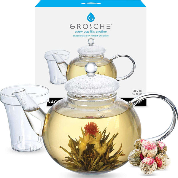 grosche MONACO Glass Teapot Glass Tea Strainer Loose Leaf Teapot - 42oz / 1250mL Clear