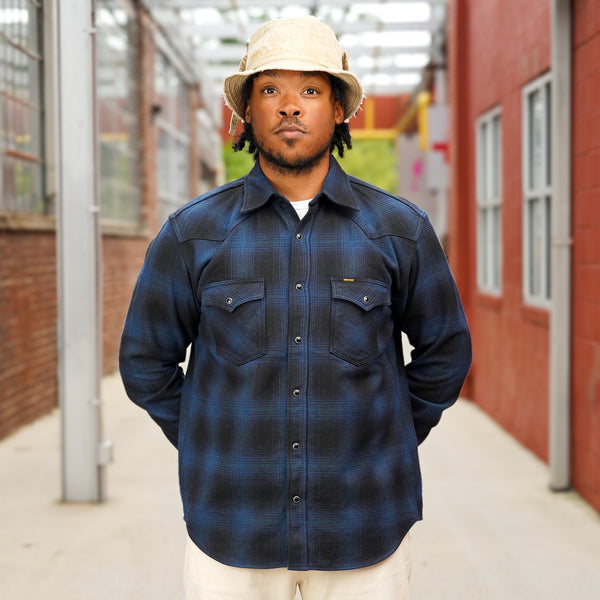 guilty parties Iron Heart IHSH-264-NAV Ultra Heavy Flannel Ombré Check Western Shirt - Navy/Black