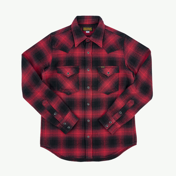 Guilty Parties Iron Heart IHSH-264-RED Ultra Heavy Flannel Ombré Check Western Shirt - Red/Black