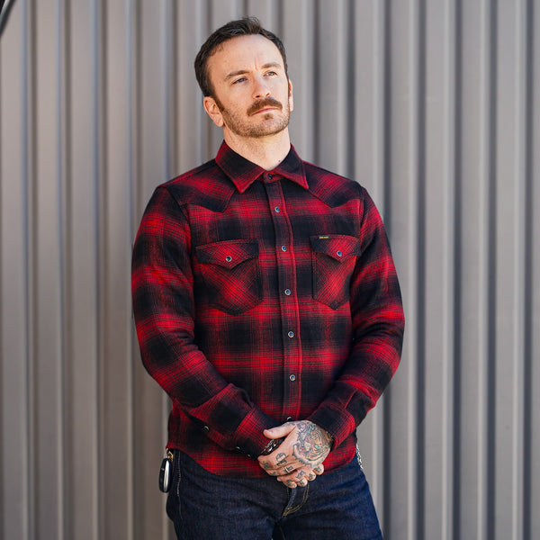 guilty parties Iron Heart IHSH-264-RED Ultra Heavy Flannel Ombré Check Western Shirt - Red/Black