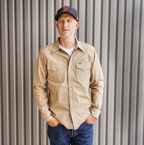 guilty parties Iron Heart IHSH-315-KHA 10oz Selvedge Chambray Western Shirt - Khaki