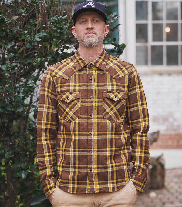 guilty parties Iron Heart IHSH-372-BRN Ultra Heavy Flannel Crazy Check Western Shirt - Brown