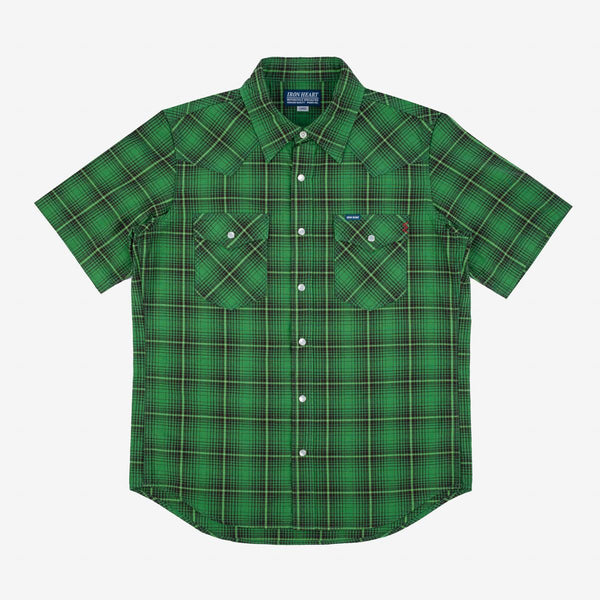 Guilty Parties Iron Heart IHSH-386-GRN 5oz Selvedge Short Sleeved Western Shirt - Green Vintage Check