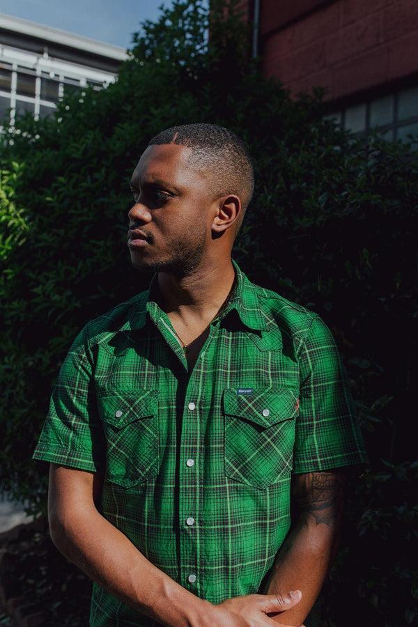 guilty parties Iron Heart IHSH-386-GRN 5oz Selvedge Short Sleeved Western Shirt - Green Vintage Check