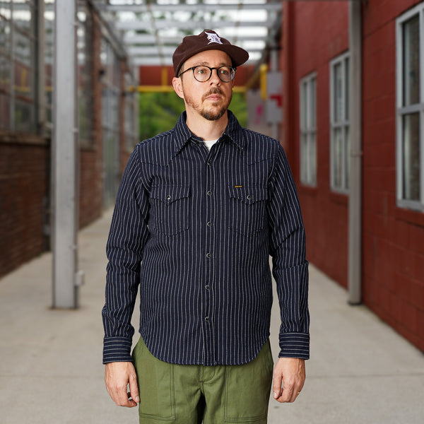 guilty parties Iron Heart IHSH-401-NAV 12oz Ultra Heavy Flannel Chalk Stripe Western Shirt - Navy