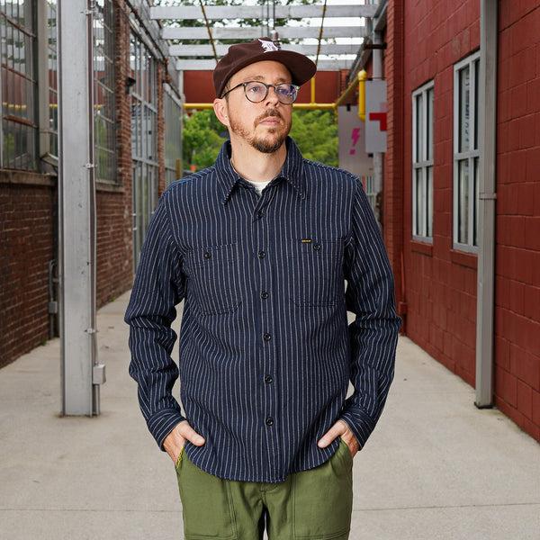 guilty parties Iron Heart IHSH-402-NAV 12oz Ultra Heavy Flannel Chalk Stripe Work Shirt - Navy