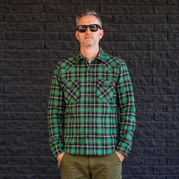 guilty parties Iron Heart IHSH-405-GRN 12oz Ultra Heavy Flannel Check Western Shirt - Green