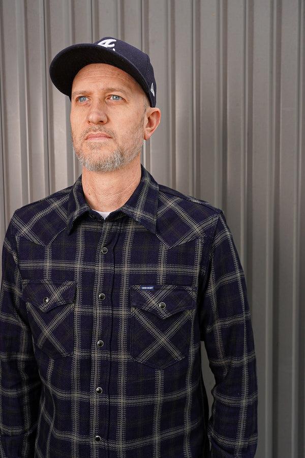 Guilty Parties Iron Heart IHSH-411-BLK 9oz Selvedge Indigo Check Flannel Western Shirt - Black