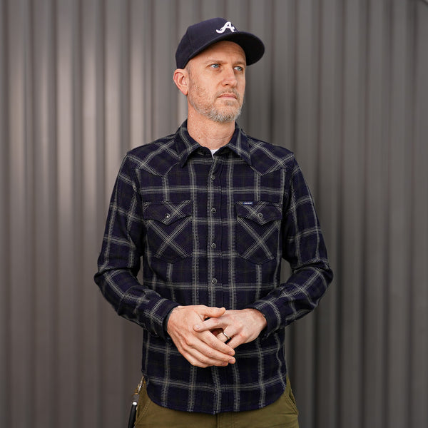 guilty parties Iron Heart IHSH-411-BLK 9oz Selvedge Indigo Check Flannel Western Shirt - Black