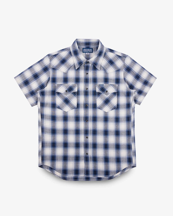 Guilty Parties Iron Heart IHSH-418-BLU 5oz Selvedge Short Sleeved Madras Check Western Shirt - Blue