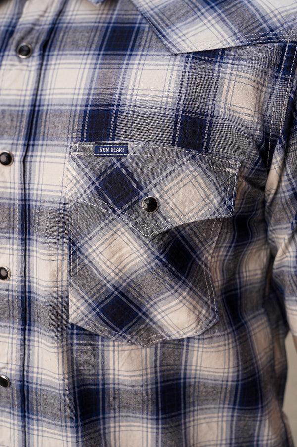 Guilty Parties Iron Heart IHSH-418-BLU 5oz Selvedge Short Sleeved Madras Check Western Shirt - Blue